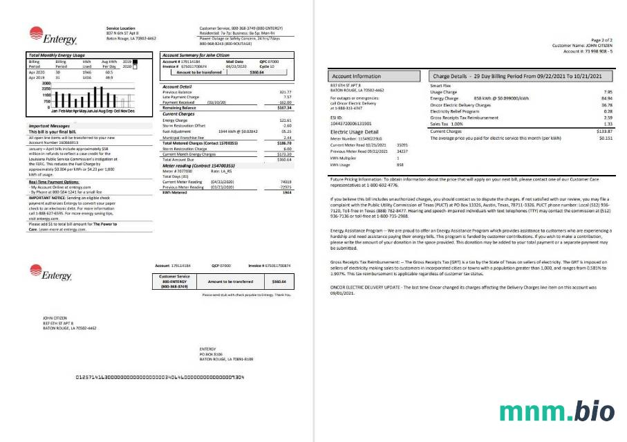 Szablon rachunku za energię elektryczną USA Entergy w formacie Word i PDF (2 strony)